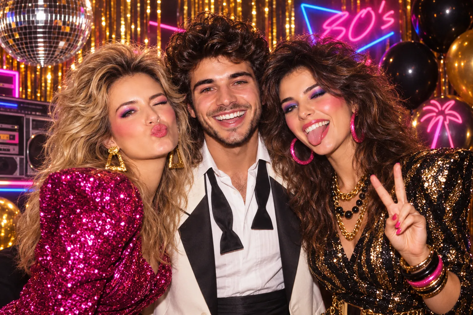 Die drei Freunde mit bunten Outfits und Neonlicht auf einer Achtzigerjahre-Party