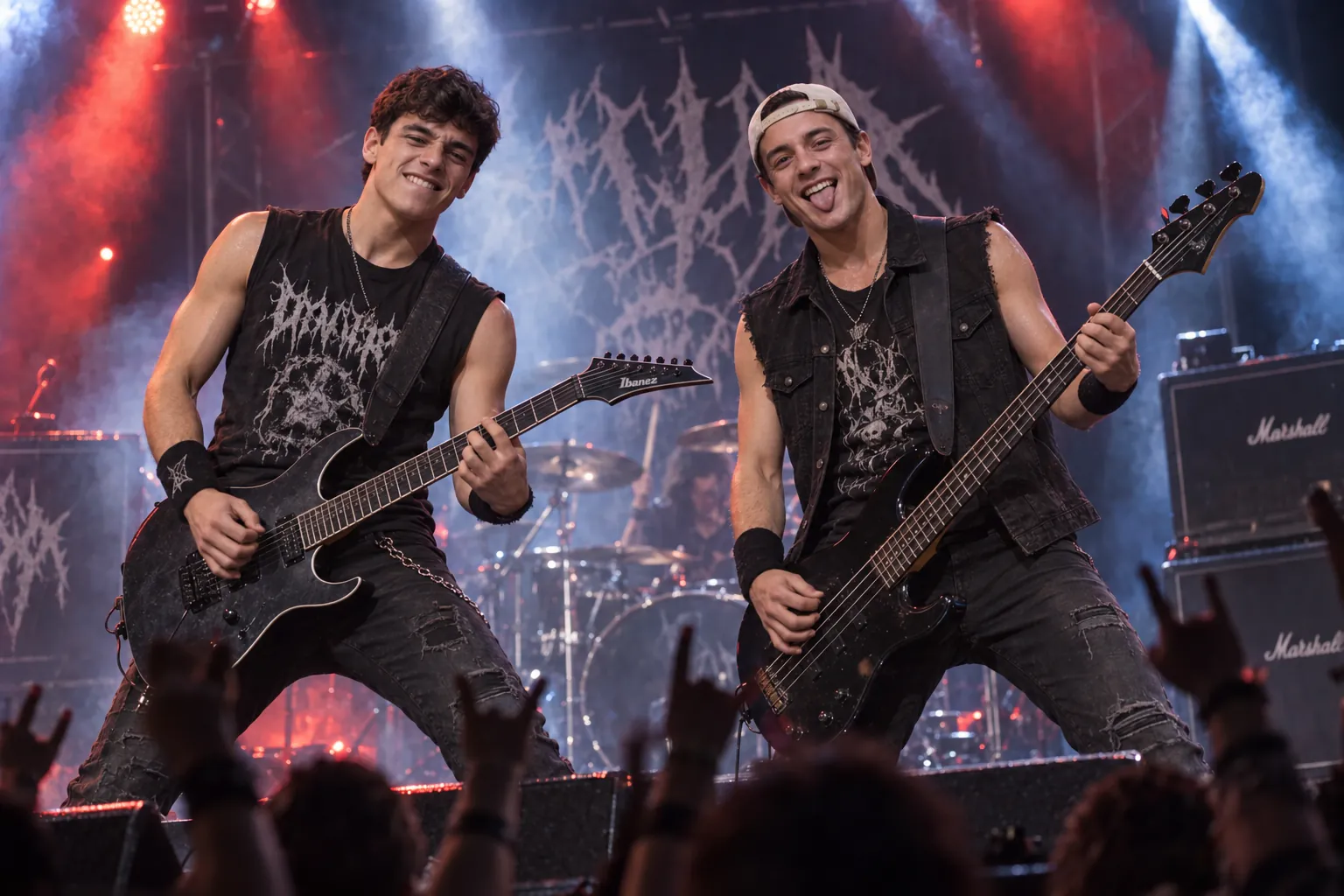 Die beiden Männer als Rockmusiker mit Gitarre und Bass auf einer Konzertbühne